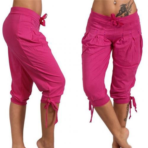 Hot Plus Size Casual Pants Women's Solid Color Sequined Pleated Drawstring Capri Pants