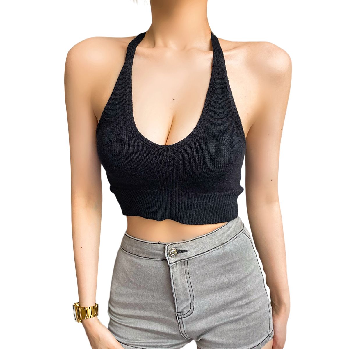 Women’s  Halter Bandage Knitted Vest Fashion Solid Color Backless Exposed Navel Suspender Tops