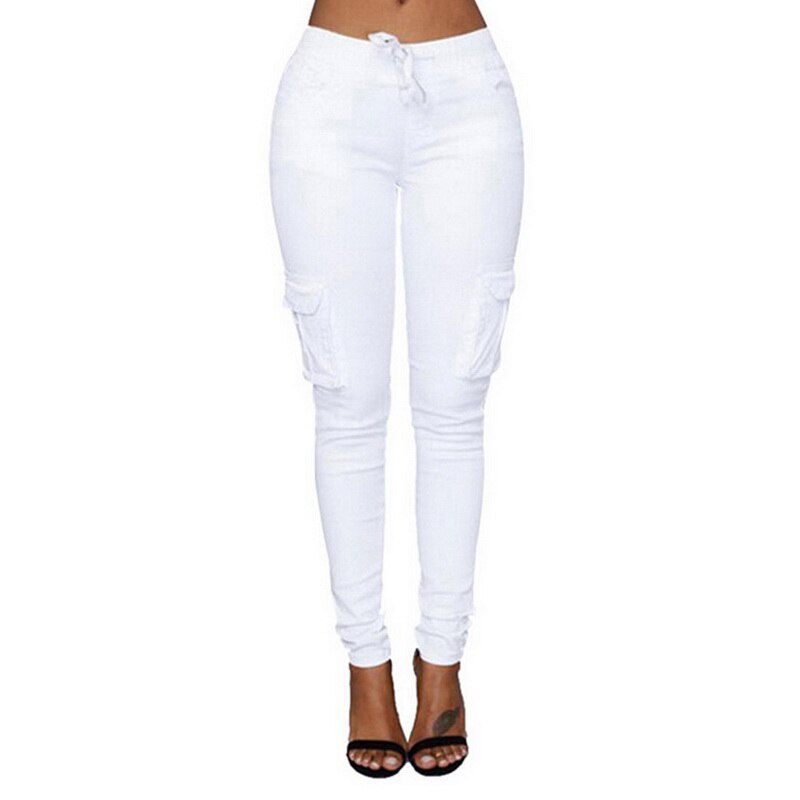 Spring Women Pencil Pant Lace Up Waist Casual Women Pants Solid Multi-Pockets Plus Size Cargo Pants Slim Fit Trousers