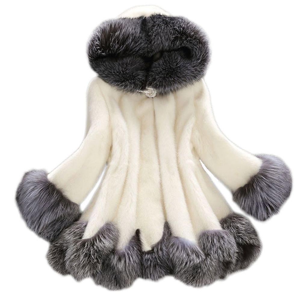 Winter Women Faux Fur Plush Long Sleeve Hooded Button Overcoat Outwear Coat