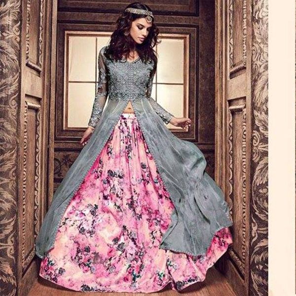 Unstitched Slate and Pink Georgette Gown For Women