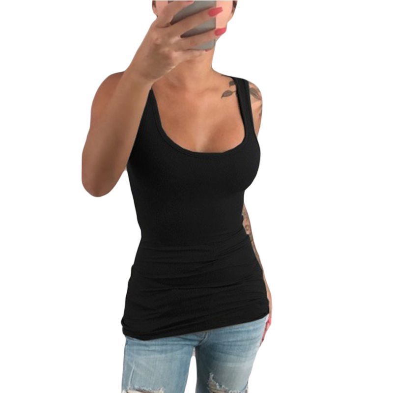 Women Ladies Summer Casual Solid Elastic Cotton U Neck Tank Sleeveless Slim Vest Tops