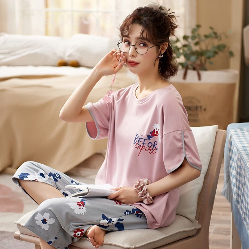 2Pcs/Set Calf-Length Pants Short sleeve Tops Pajamas sets for nightwear Summer Women's Sleepwear Cotton Underwear plus sizes