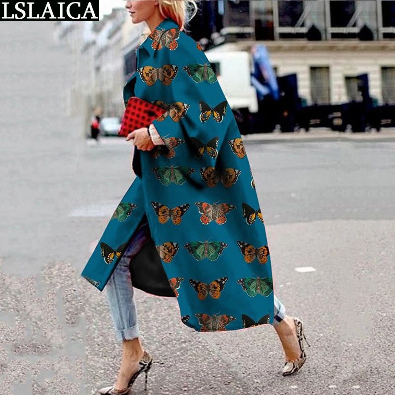 Casual Lapel Trench Coat For Women Autumn Winter Fashion Print Loose Warm Long Coat Plus Size High Street Style Ladies Overcoats