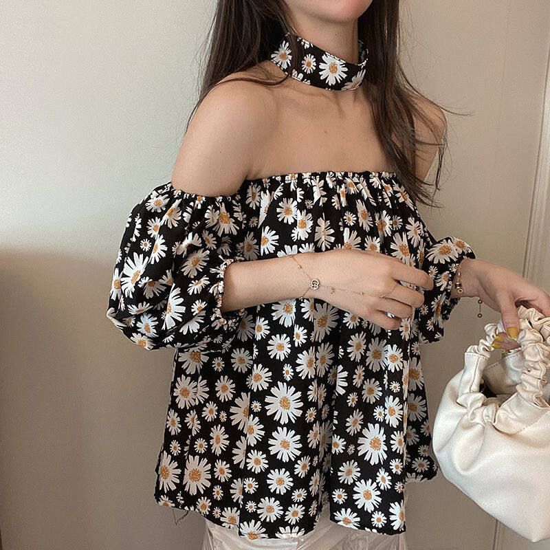IELGY women's Korean style one-shoulder floral blouse