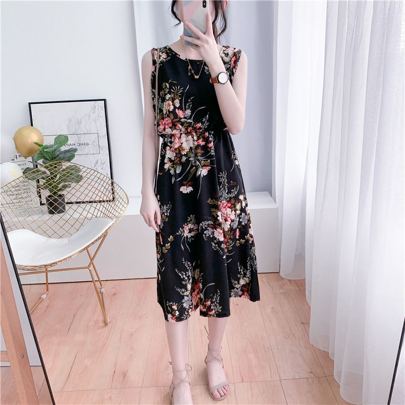 2021 Women's Sleeveless Collar Floral Chiffon Dress Stylish and Elegant Mid-Long Dress (M/L/XL/2XL)