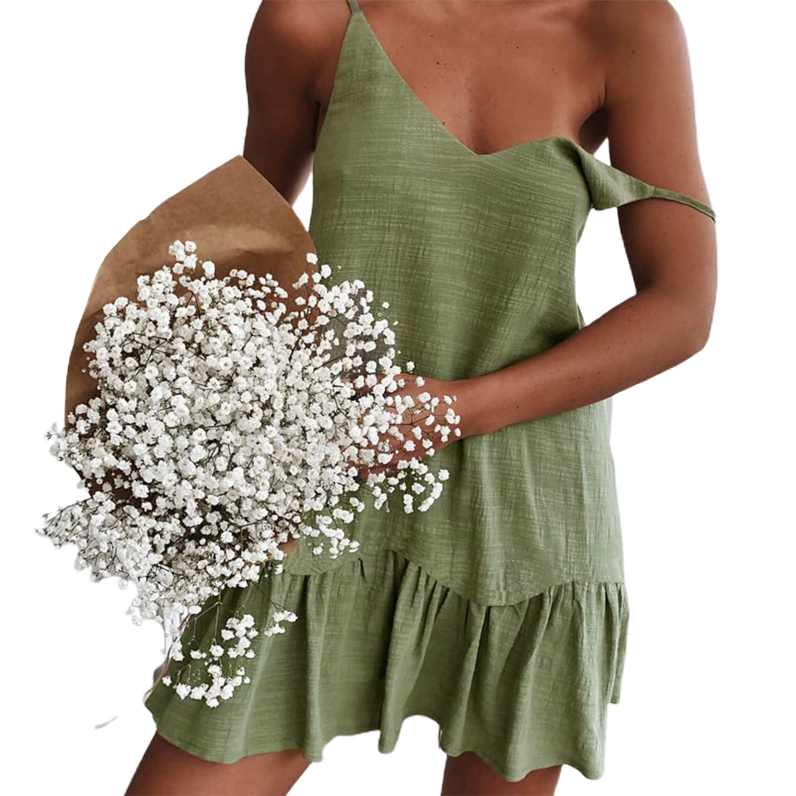 Lady Dress Solid Color V Neck Summer Dress