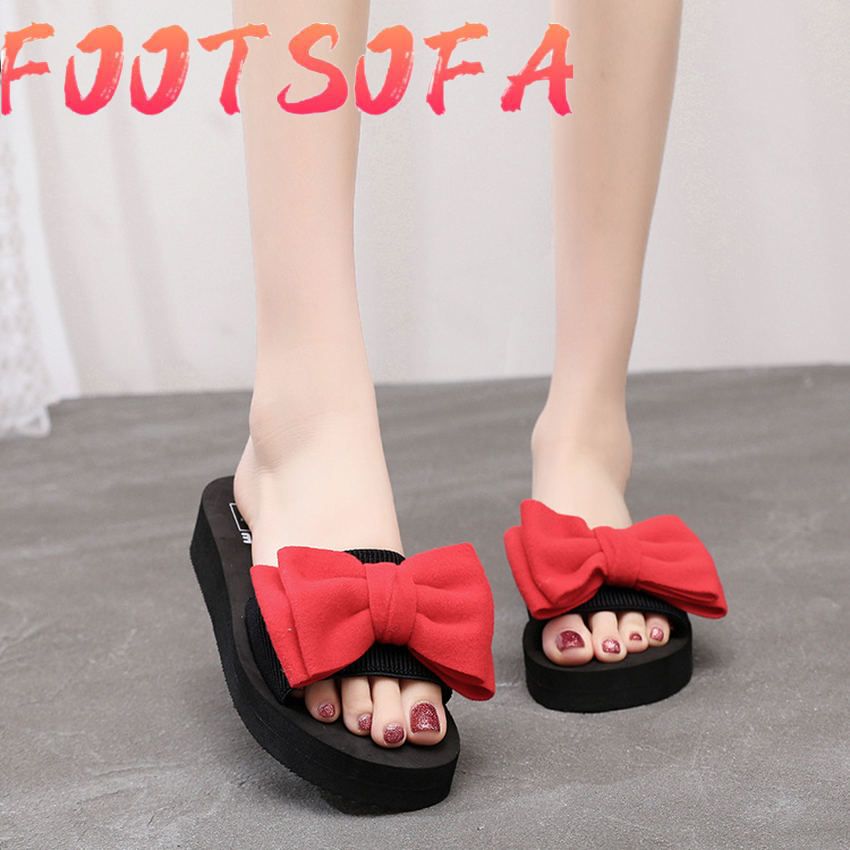 Slippers women's summer bow one-word slippers sandals and slippers women's soft bottom beach  non-slip fashion