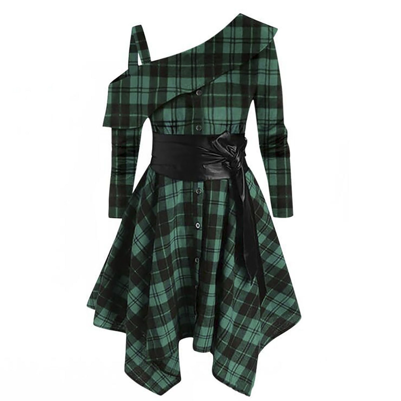 Shirt Dress Waist Le-up Plaid Print Belted Casual Shirt Dress
