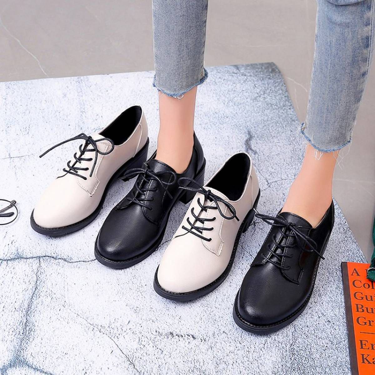 Women Round Toe PU Fashion Pumps Work Chunky Heel Lace-up