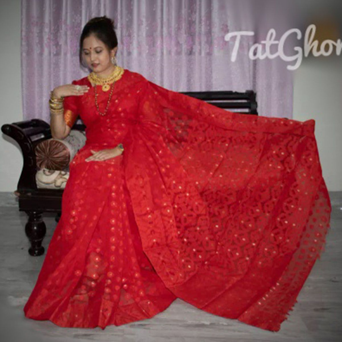 Traditional Handloom Half Silk Tangail Jamdani Saree For Women.