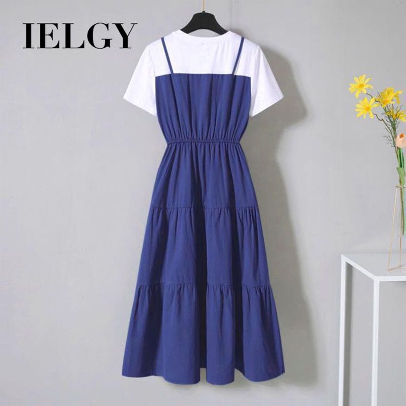 IELGY women's summer fashion, western style, age-reducing fake two-piece long skirt, fat sister, waist slimming dress female