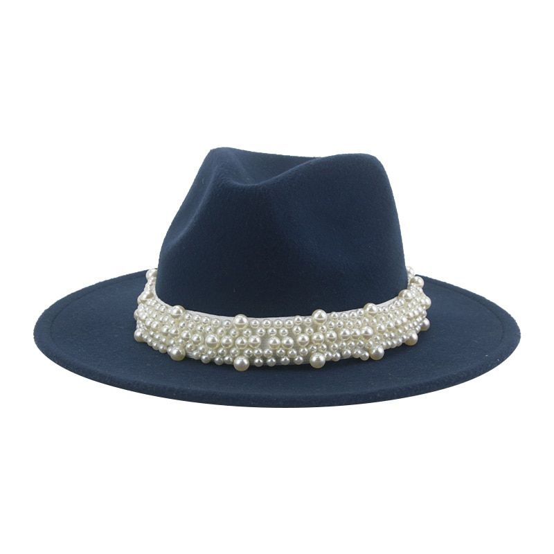 women hats winter wide brim band belt pearl panama fedora formal church white pink luxury fedora felted hats sombrde mujer