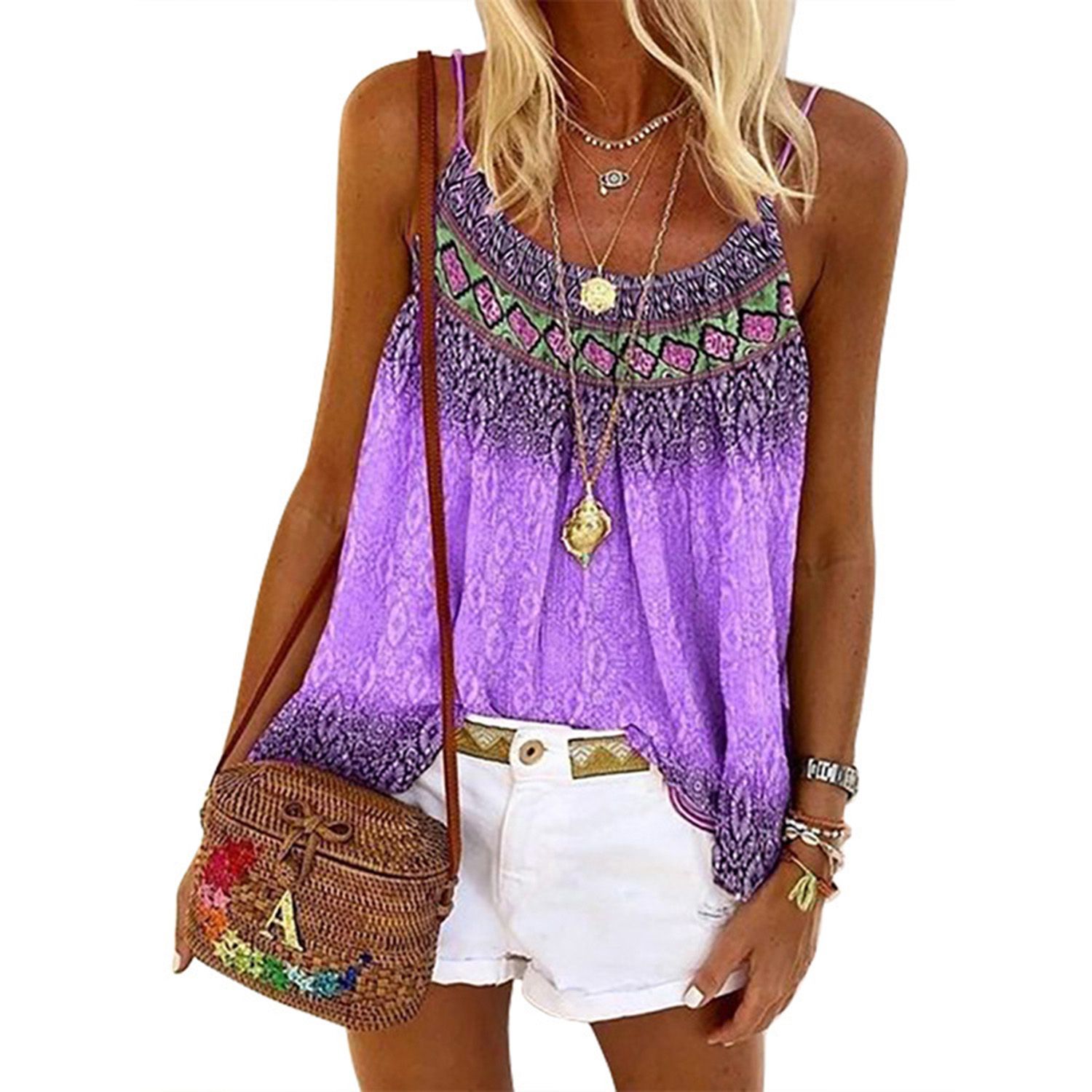 New Women Hand Painted Print Vest, Sleeveless Round Neck Spaghetti Strap Pullover Summer Loose Top