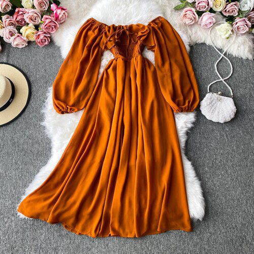 Autumn Women Slash Neck Long Sleeve Midi Dress Female Yellow/Red/Pink High Waist Ruffle Big Swing Chiffon Dresses Fashion