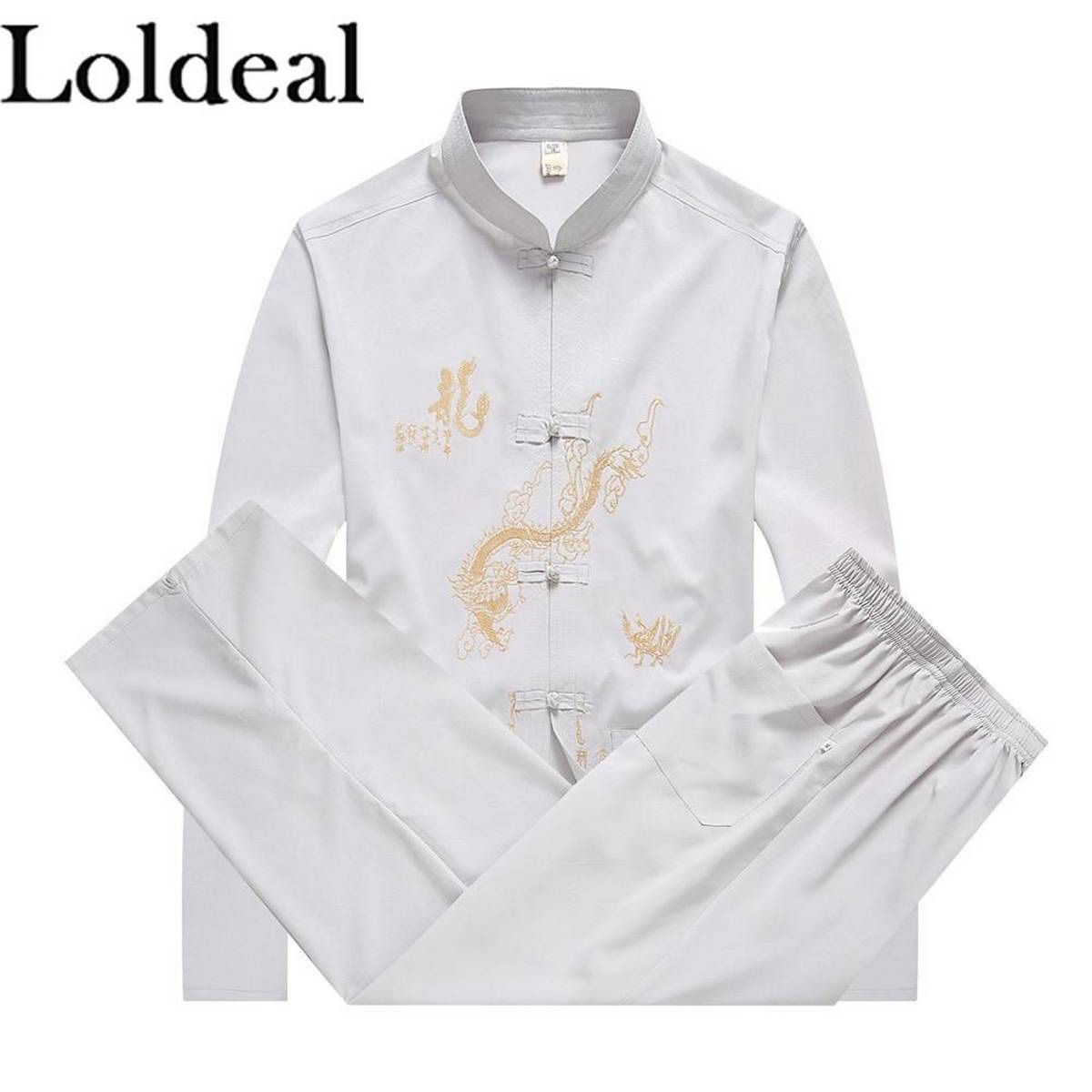 Men Long Sleeve Embroidery Dragon Shirt Pant Chinese Traditional Mandarin Collar Kung Fu Set Taichi Tang Suit Size