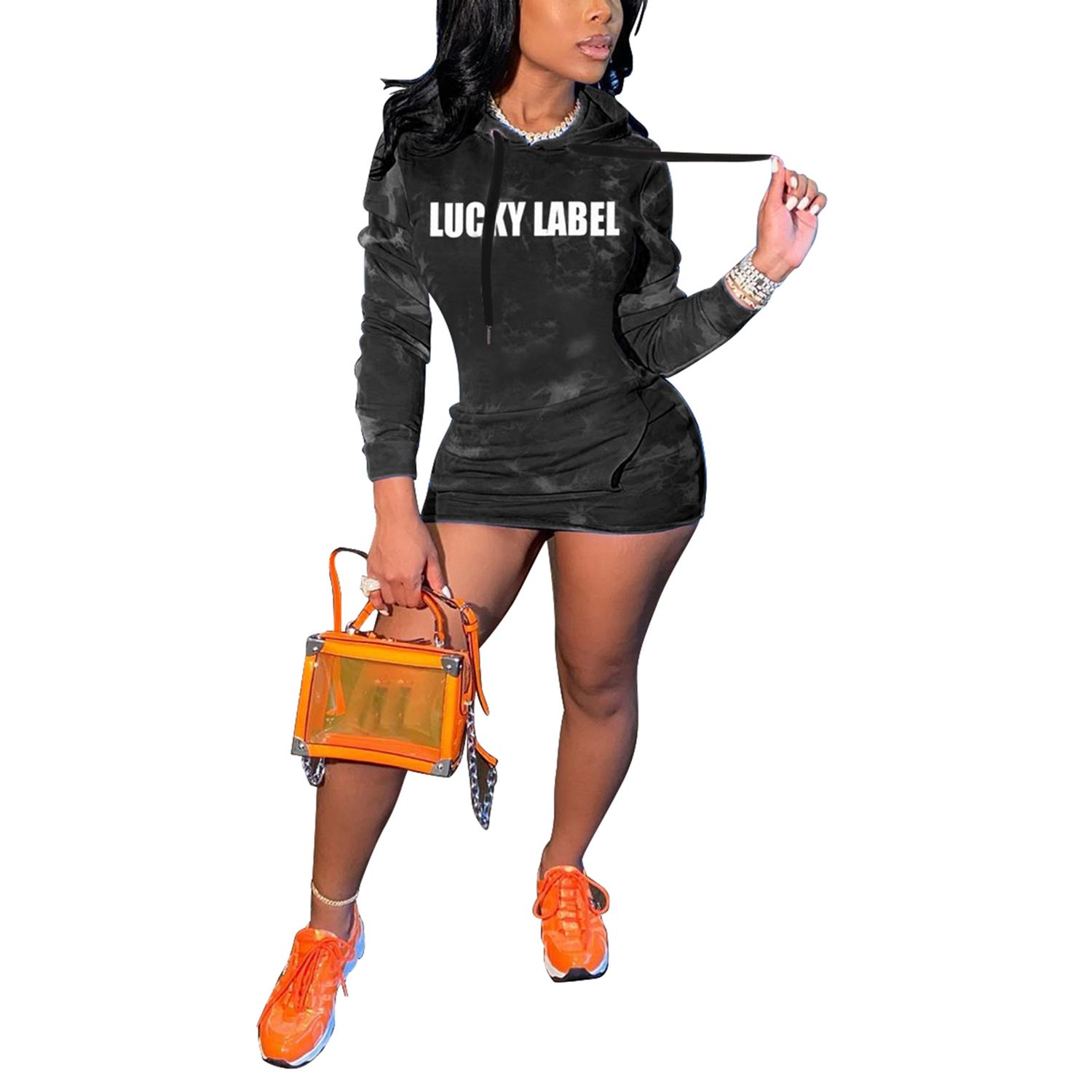 Women's Hooded Dress Printed Letters Sweater Long Sleeve Short Skirt for Female Autumn