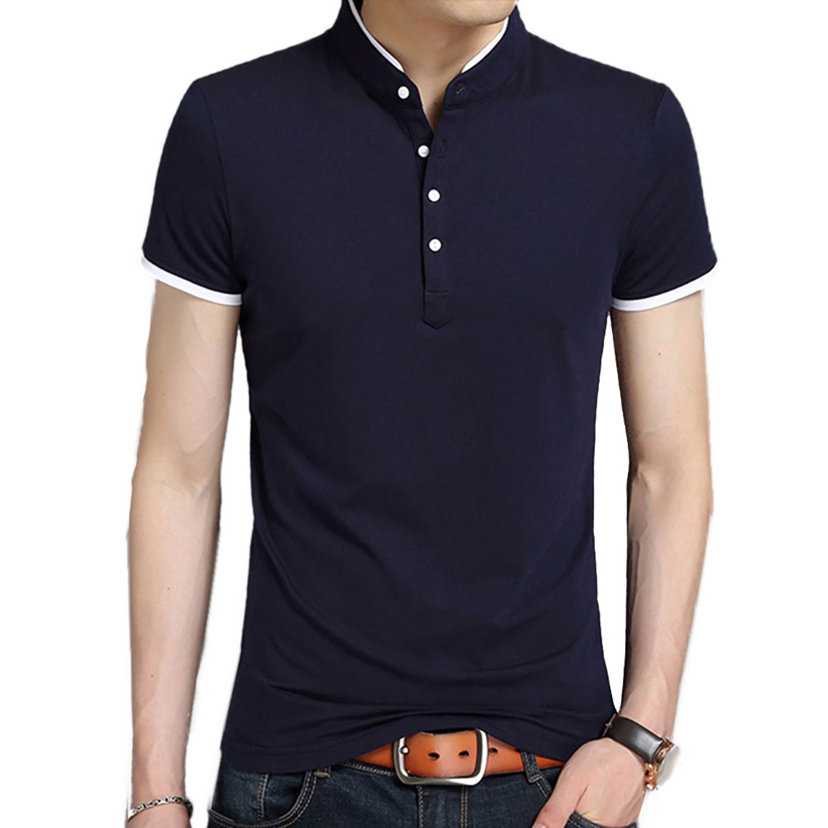 Summer Plus Size Men Slim Solid Color Buttons Stand Collar Short Sleeve T-Shirt