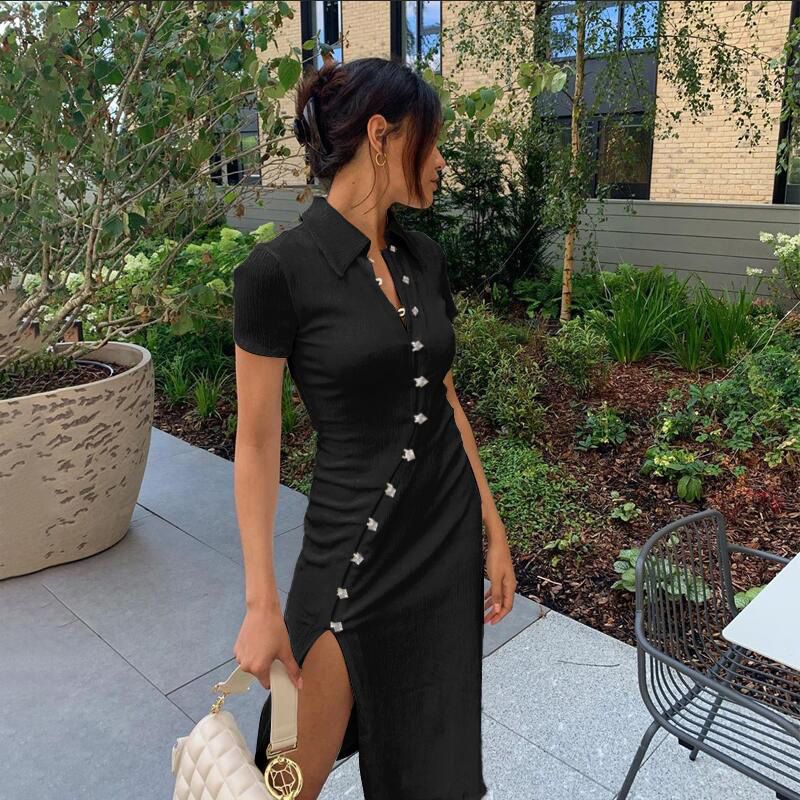 Hugcitar 2020 Short Sleeve Buttons Patchwork Slit  Dress Autumn Winter Women Fashion Streetwear Outfits Party Elegant Wear