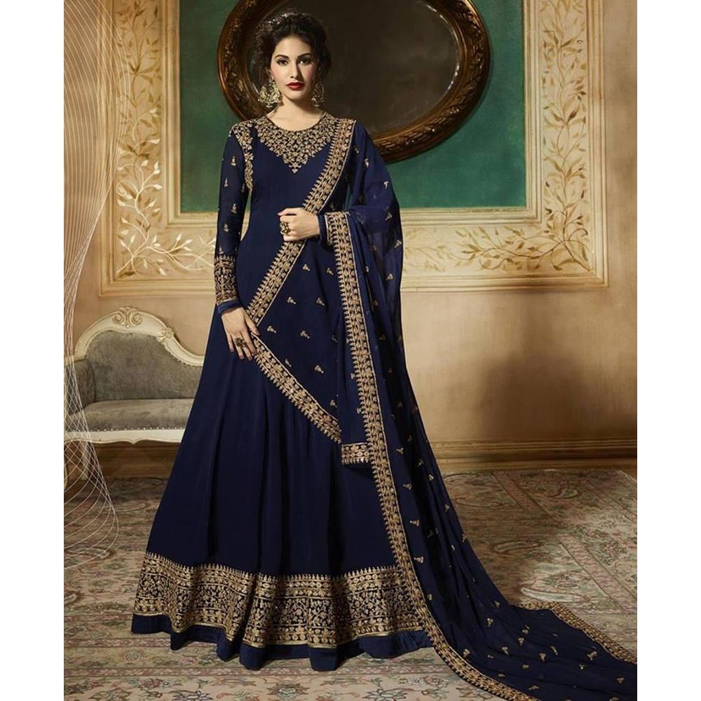 Exclusive Unstitched Navy Blue Georgette Gown For Women