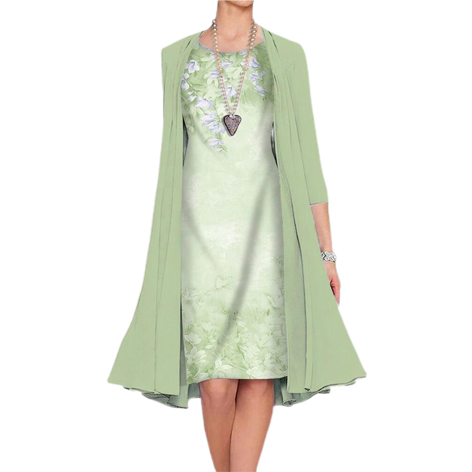 Cardigan Dress Set 3/4 Sleeve Elegant Crew Neck Dress Set
