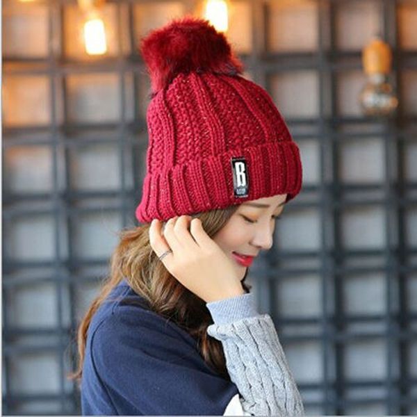 Warm Women Hat Set Winter Hats For Woman Fur Lined Neck Warmer Cap Beanie Girls Pompom Knitted Hat skull cap