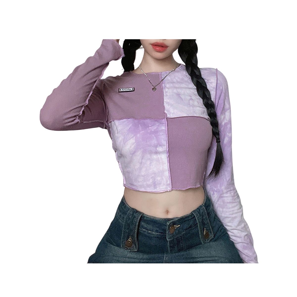 Women’s Casual Long Sleeve T-shirt Fashion Tie-dye Contrast Color Exposed Navel Tops