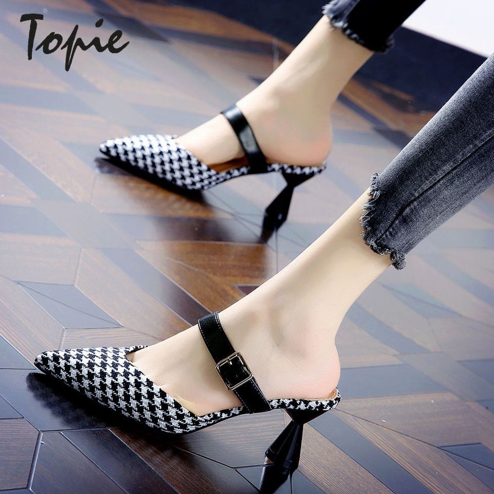 Closed Toe Pointed Sandals Summer Check Plaid Women Slipper Stiletto