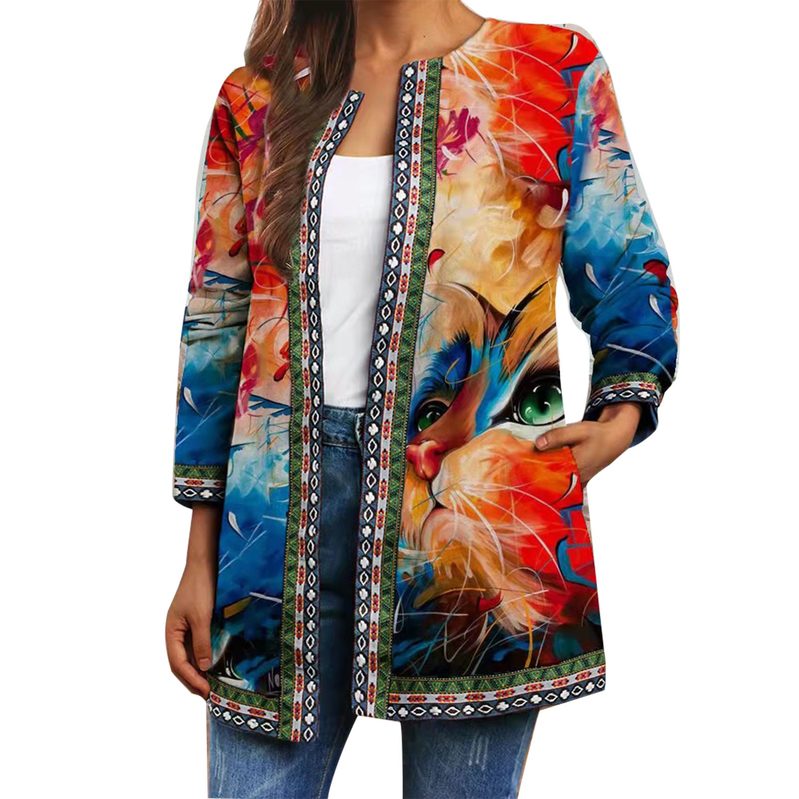 Jacket Long Sleeve Round Neck Open Stitch Coat