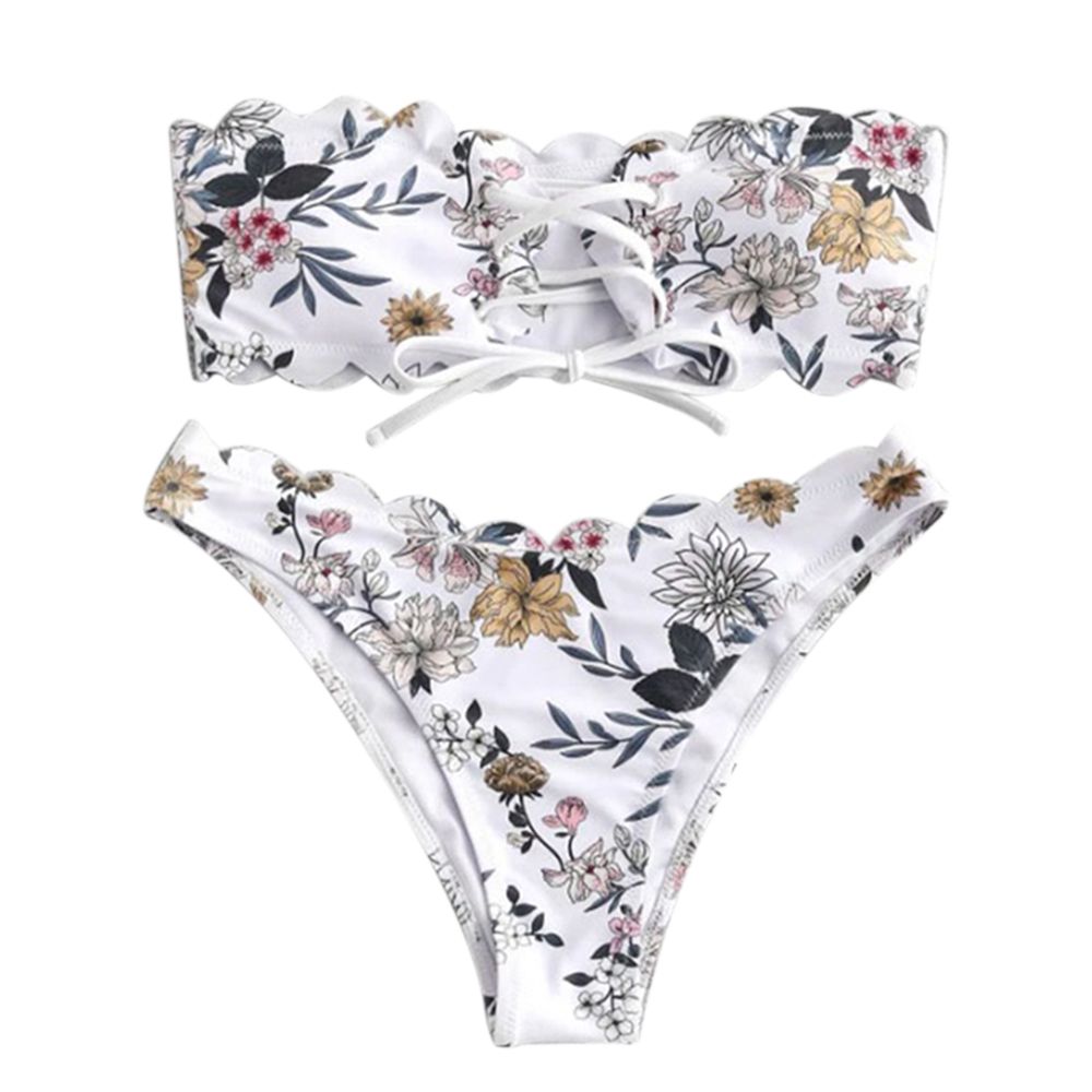 Women's Sexy Flower Print Lace Up Bandeau Strapless Bikini Trim Lace Bandeau Bikini Set Two Pieces Strapless Lace Up Tropical Print Swimwear (White/Orange/Green)