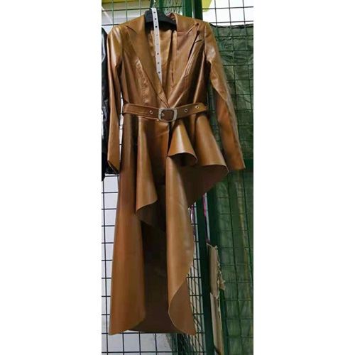 Pu Leather Women's Sexy Coat V-Neck Long-Sleeved Belt Irregular Ruffled Hem Evening Track Party Coat Female Fashion Winter