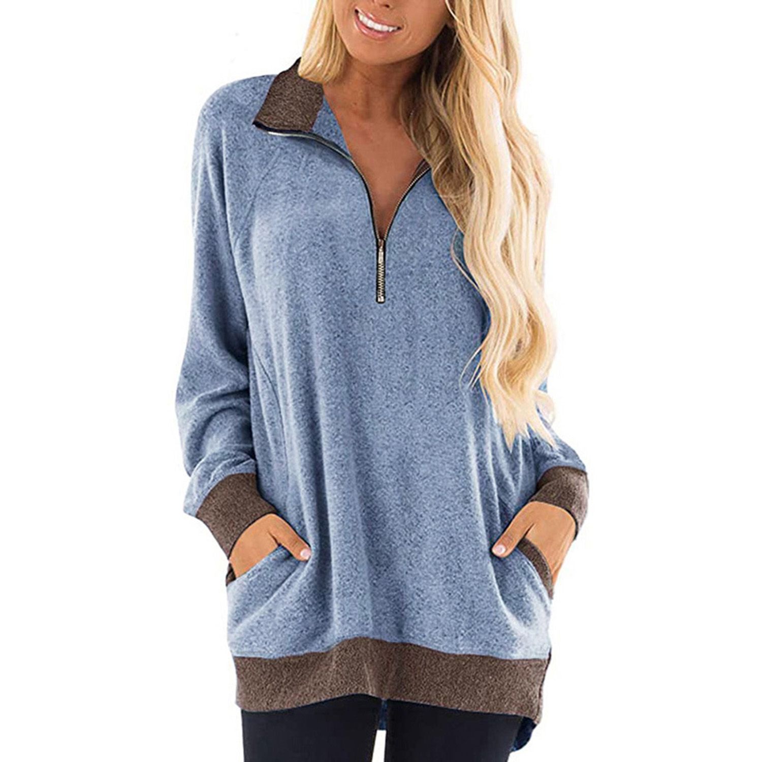 Women Color Block Sweatshirts, Lapel Zipper V Neck Long Sleeve Tunics Shirt Tops with Pocket