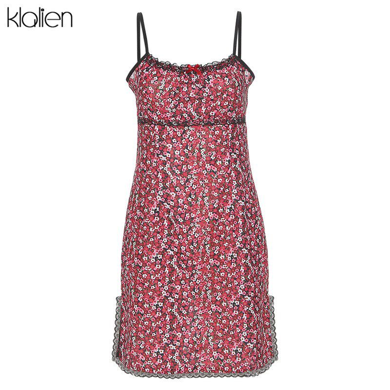 women summer boho red strap mini dress ladies fashion cute sweet college style kawaii slim soft floral dress new