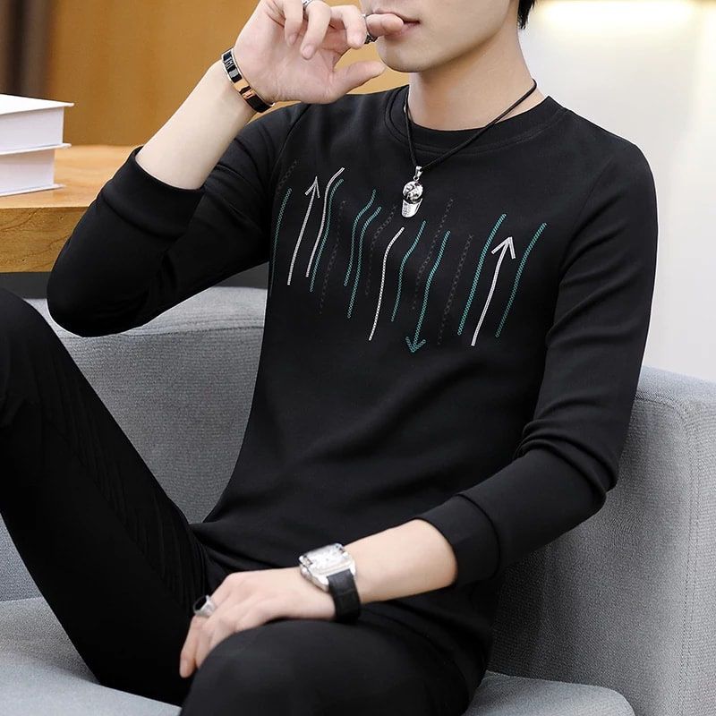 Black Printed Cotton Full Sleeve Casual T-shirt For Men