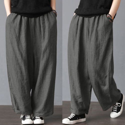 Men's Cotton Linen Wide Leg Pants Summer Loose Casual Fitness Straight Stretch Bloomers Trousers Harem Plus Size Clothing S-3XL