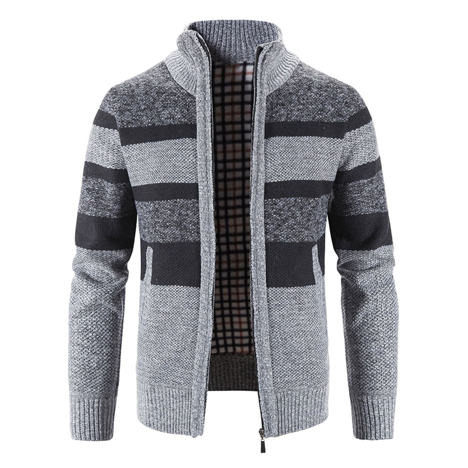 Knitted Jacket Plush Lining Patchwork Pockets Stand Collar Sweater Coat