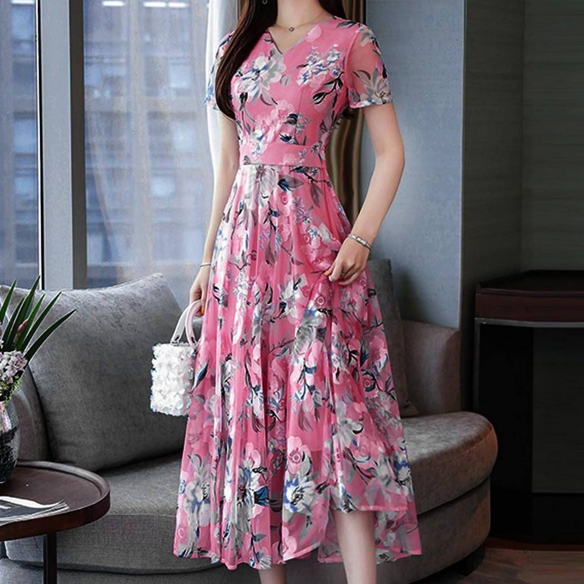 2019 NewestWomen Fashion Summer O-Neck Knee Length Short Sleeve Printing dress for women