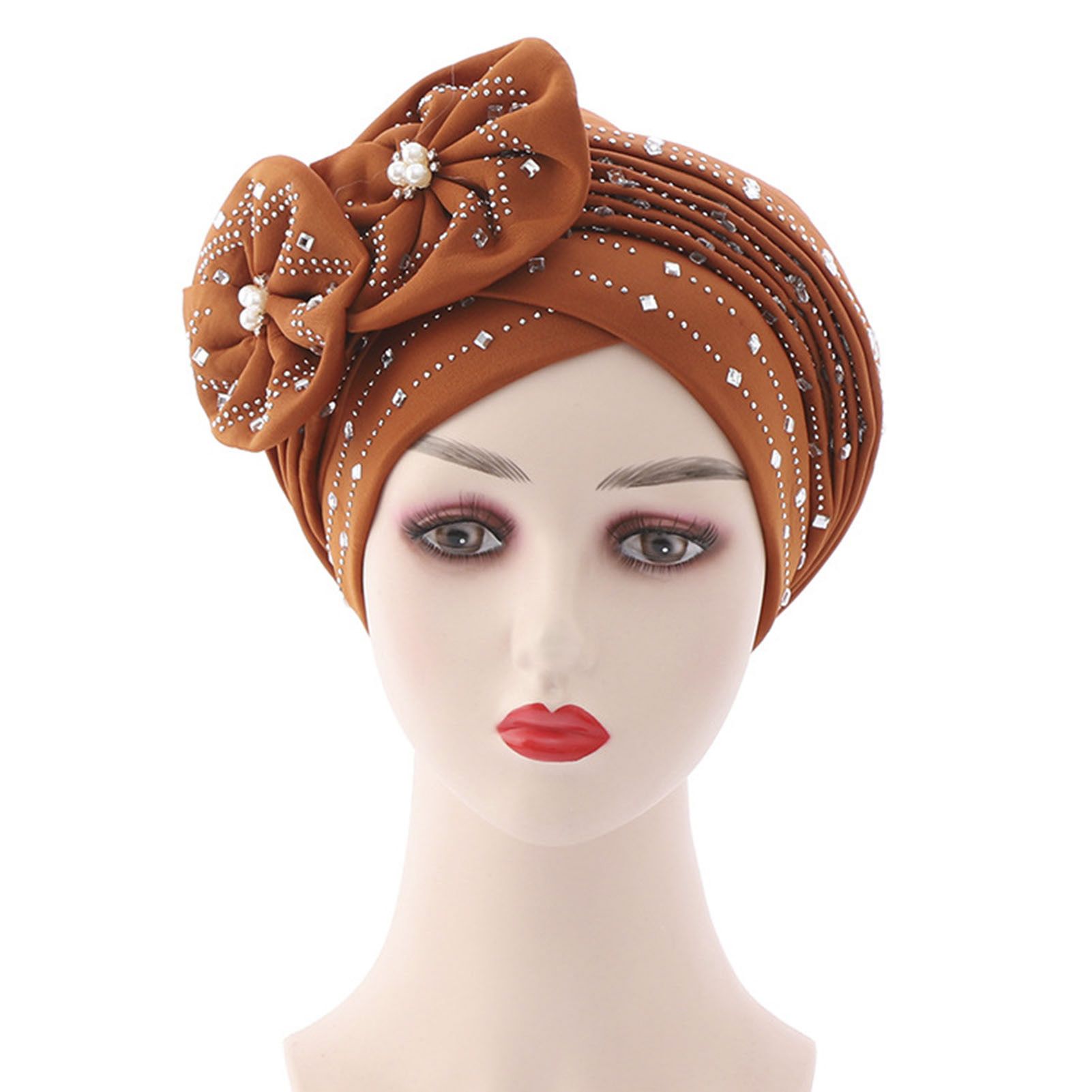 Headscarf Cap Traditional Rhinestone Faux Pearl Decor Turban Hat