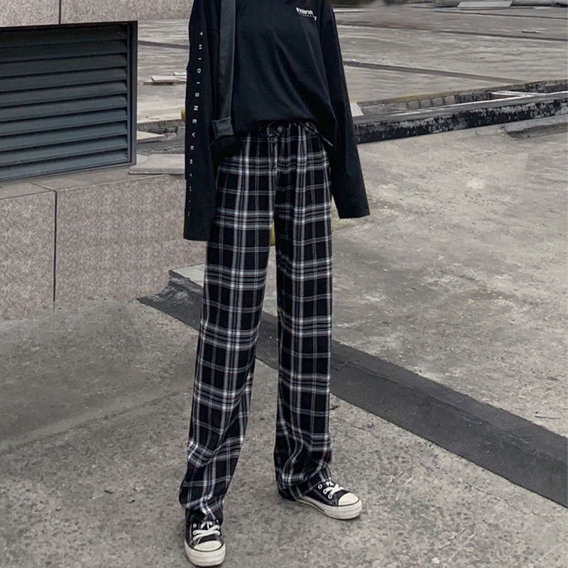 Ninth Pants Plaid Casual Pants Summer Women's Korean Style Wild Loose Wide-Leg Long Trousers For Women