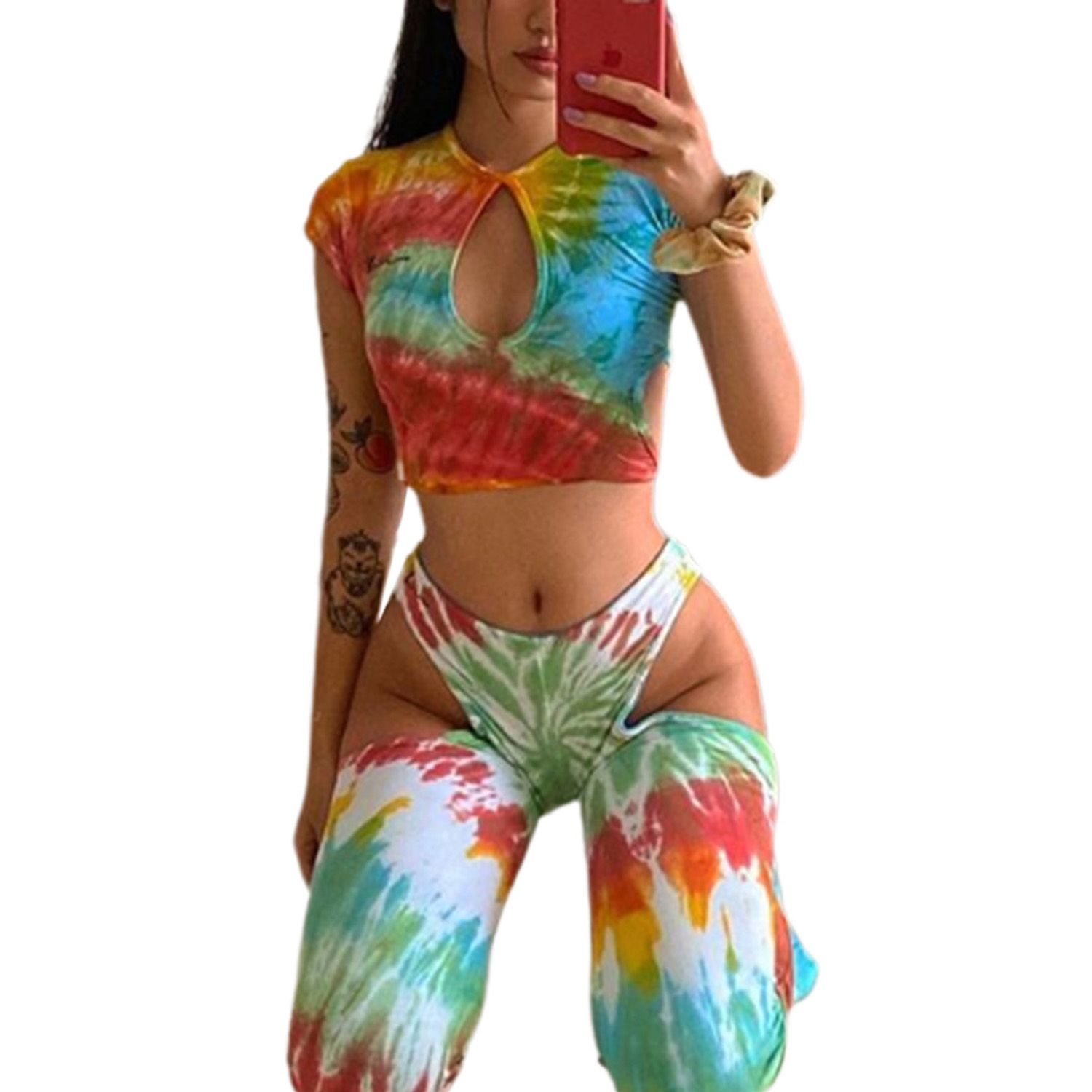 2021  Women's Clothes, Open Chest Short Sleeve Crop Top Open Leg Flared Trousers for Summer and Sprin