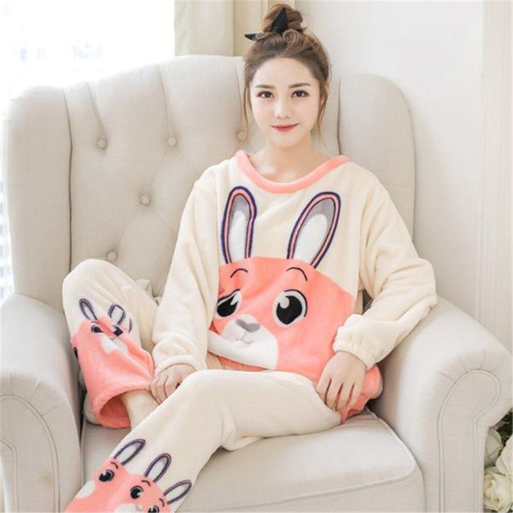 Autumn Winter Warm Flannel Women Pyjamas Sets Thick Coral Velvet Long Sleeve Cartoon Sleepwear Thin Flannel Pajamas Set