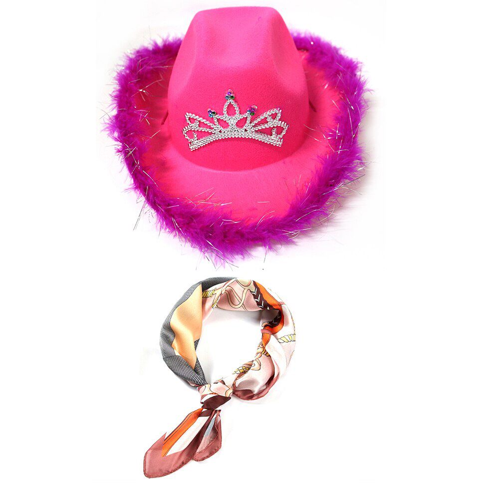 Western Style Tiara Cowgirl Hat for Women with Square scarf Girl Pink Tiara Cowgirl Hat Cowboy Cap for Holiday Costume Party Hat