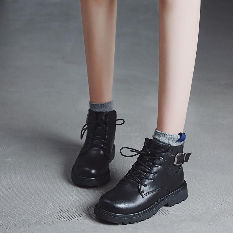 Boots Women Fashion Solid Leather Middle Lace-Up Martin Boots Round Toe Shoes Outdoor PU Leather Female Shoes