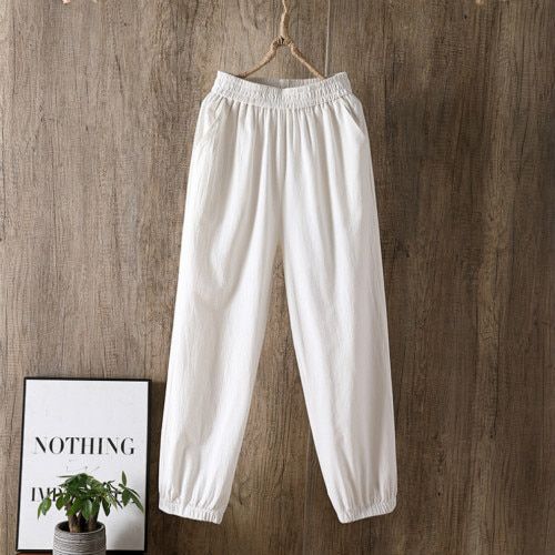 Spring Summer Woman Cotton Linen Pants Elastic Waist Solid Harem Pants Ankle-length Capris Trousers Bloomer Pencil Pants