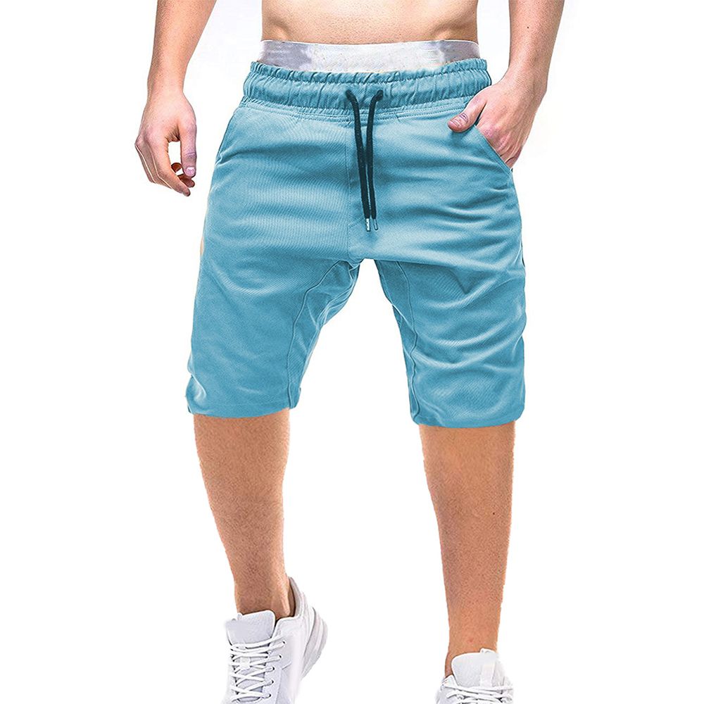 Men Sporty Shorts Solid Color Drawstring Pockets Cotton Knee-length Trousers