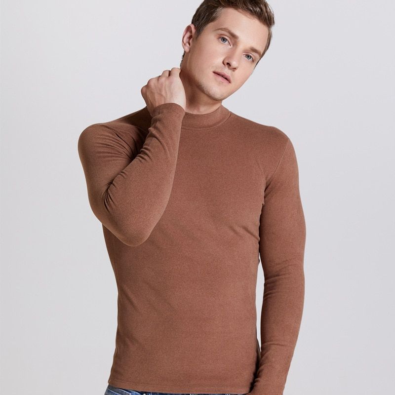 Men Thermal Underwear Turtleneck Tops Spring Autumn Bottoming Long Sleeves High Elastic T Shirts Solid Casual Pullovers