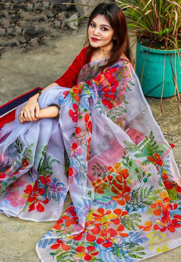 Exclusive Designer Hand Print Half Silk Saree For Women - Sari