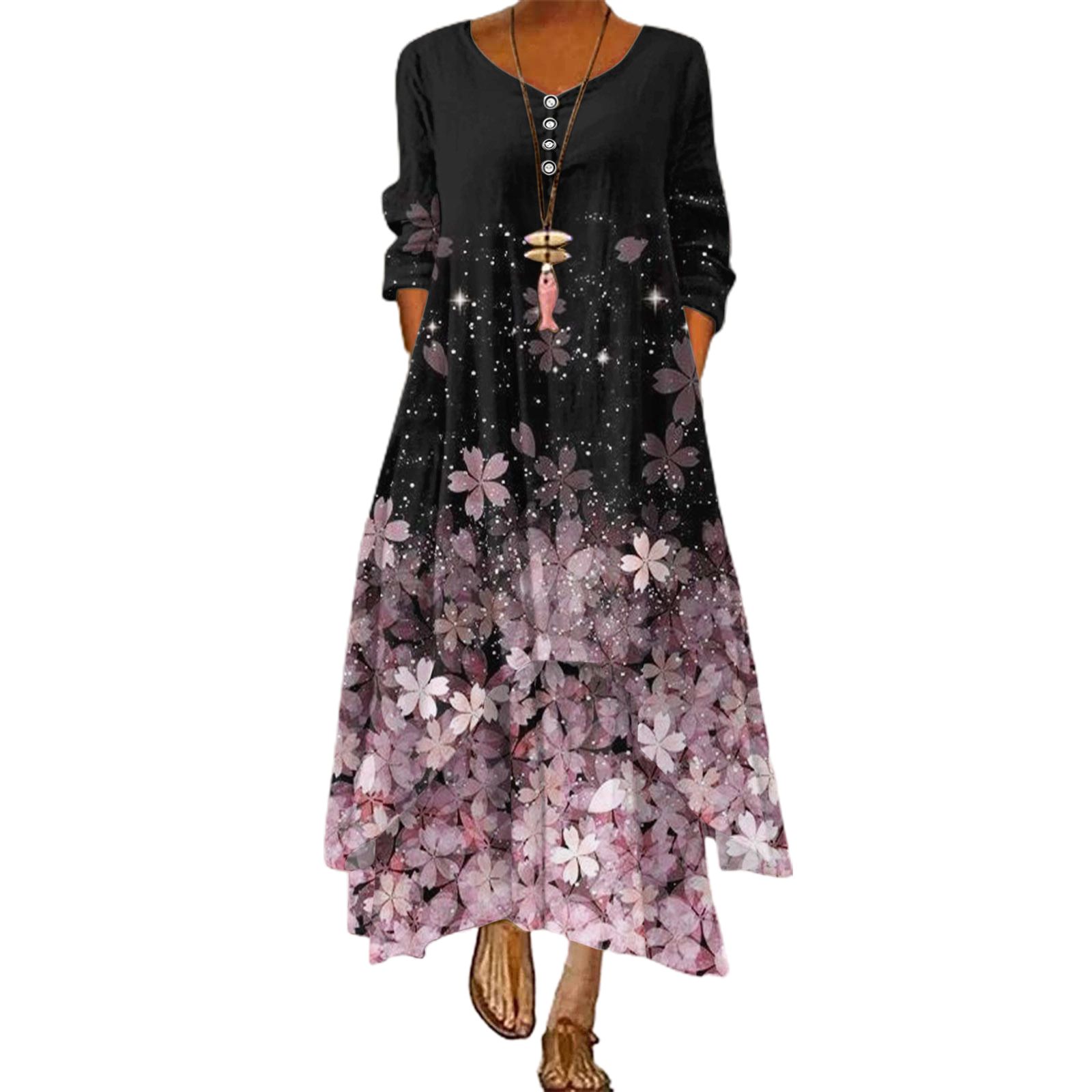 Women Long Sleeve Boho Dress V-Neck Floral Print Long Dress Spring Autumn Irregular Hem Dress with Pockets