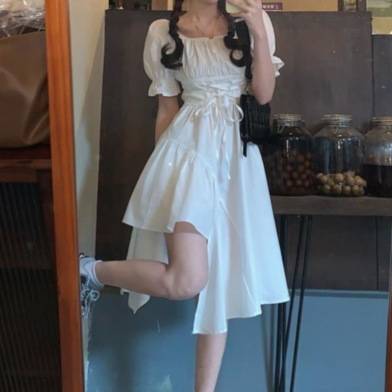 HOUZHOU Women's White Dress Summer Elegant Vintage Kawaii Puff Sleeve Midi Dress Square Collar Bandage Sundress Goth Outfits