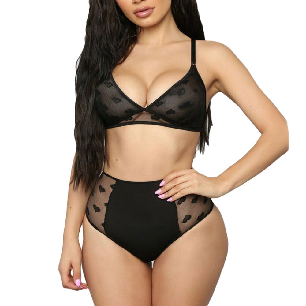 Women Heart Print Underwear Set No Pad Bra High Waist Briefs